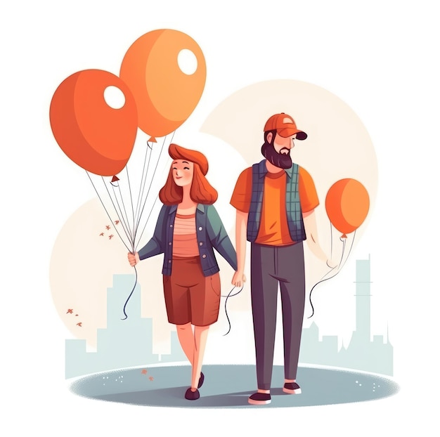 Young couple walking with balloons in the city.