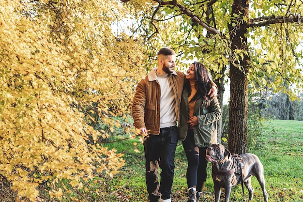 若い恋人たちの公園の秋の風景幸せなライフ スタイルで犬と一緒に歩いている若いカップル