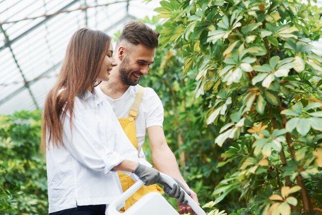 温室で植物に水をまき、笑顔の若いカップル。