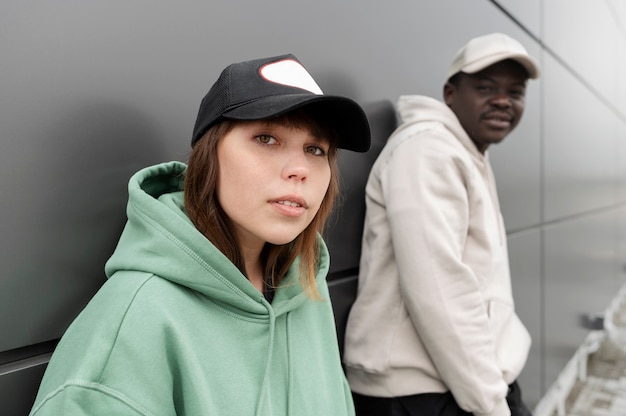 Photo young couple wearing trucker hat