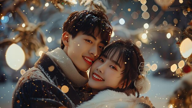 Young Couple in Winter Attire Smiling by Christmas Tree