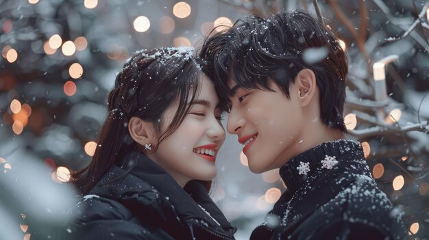 Young Couple in Winter Attire Smiling by Christmas Tree