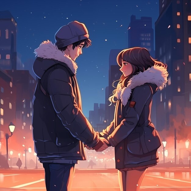 Young couple in winter clothes looking at the city at night Love concept Saint Valentine's Day