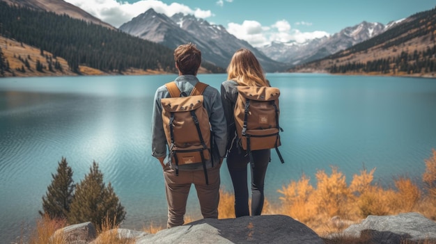 Young couple with hiking backpacks in front of a landscape with a lake Created with Generative AI technology