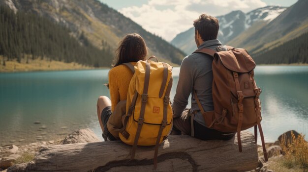 Young couple with hiking backpacks in front of a landscape with a lake Created with Generative AI technology