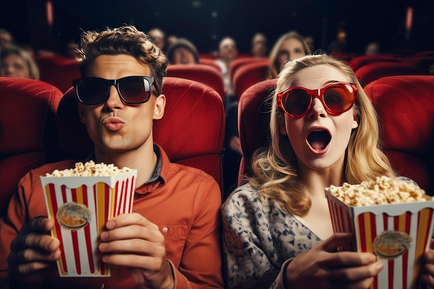 映画を見ている映画館でポップコーンを持つ若いカップル