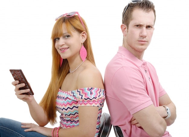 Young couple with problems. woman using phone