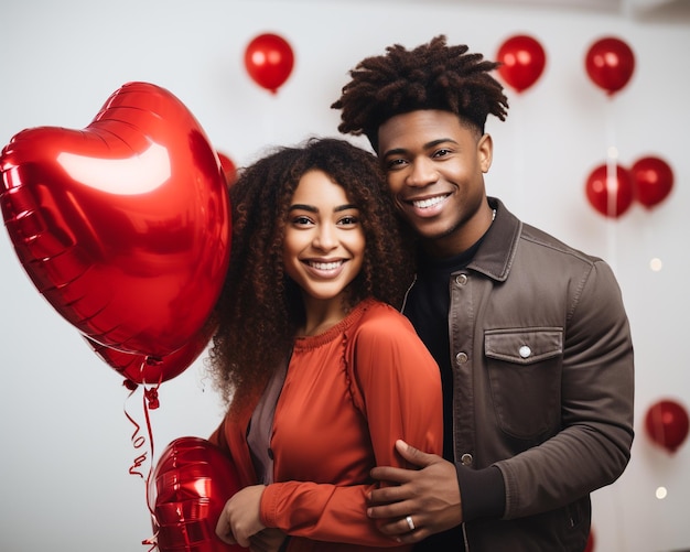 a young couple with red balloons in a room