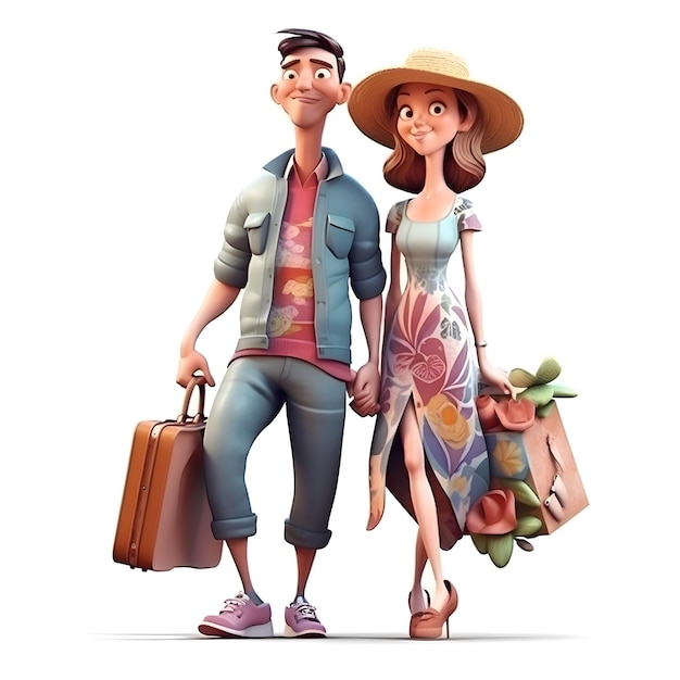 Young couple with travel bags Isolated on a white background