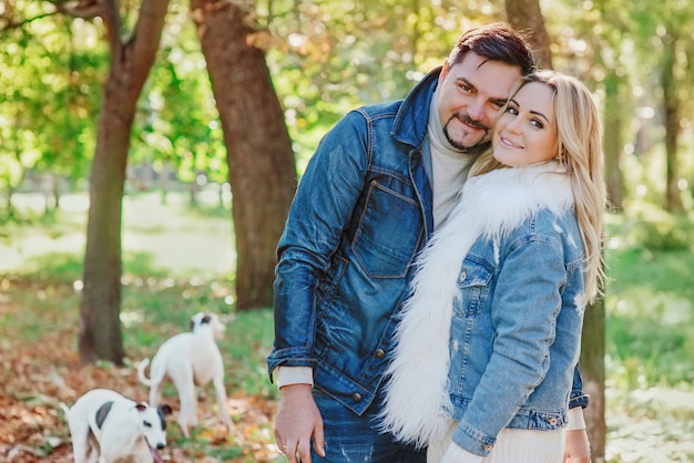 young couple woman and man in denim clothes walking with two whippet dogs outdoor in autumn