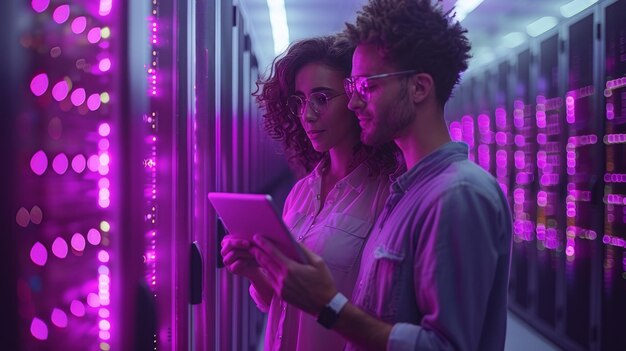 Photo young couple workers using digital tablet while standing in purple lights server room