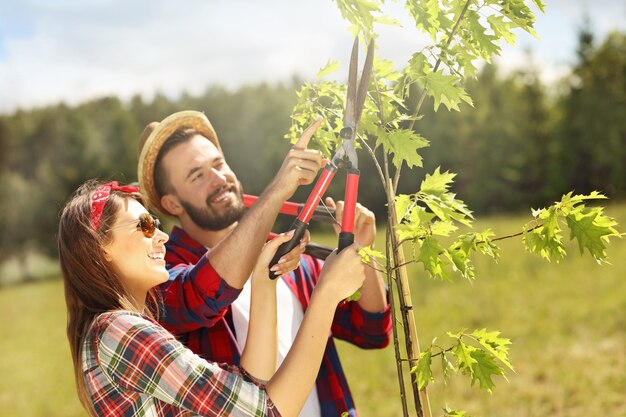 young couple working in the garden