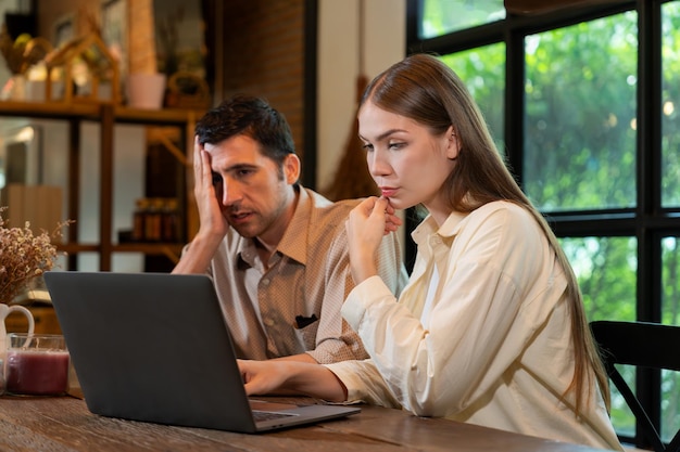young couple working remotely on laptop in cafe look tired expedient