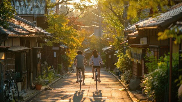 若い夫婦は,日光が明るく輝く古代の町を自転車で巡回する