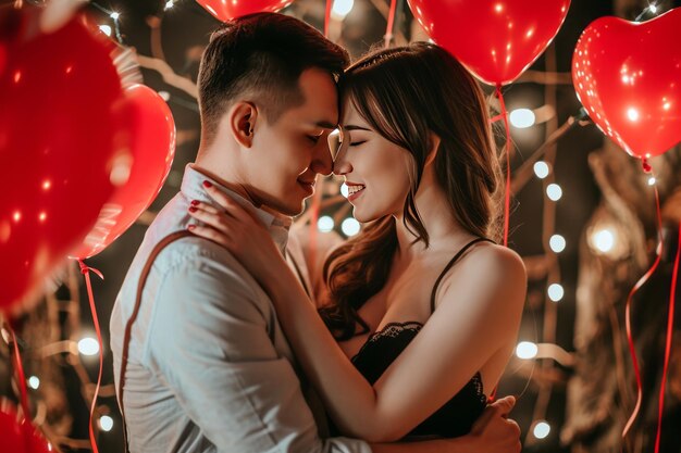 Young couples Valentines Day photo with heart balloons