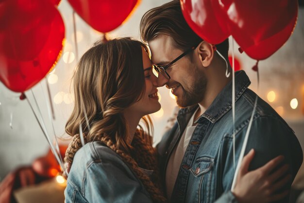 Young couples Valentines Day photo with heart balloons