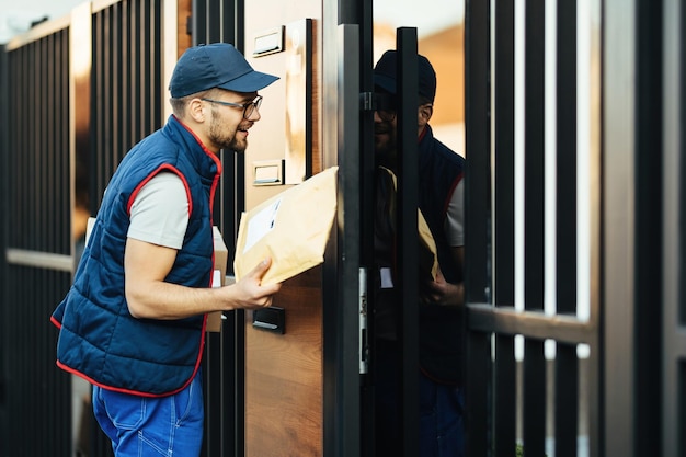 Young courier communicating on intercom while making home delivery