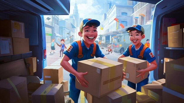 Young courier and his colleague unloading cardboard boxes from delivery van