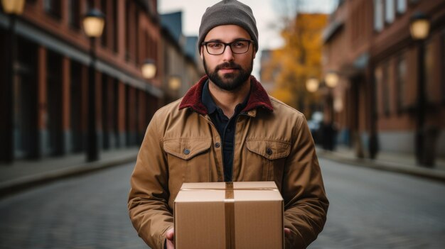 A young courier is holding a box in his hands