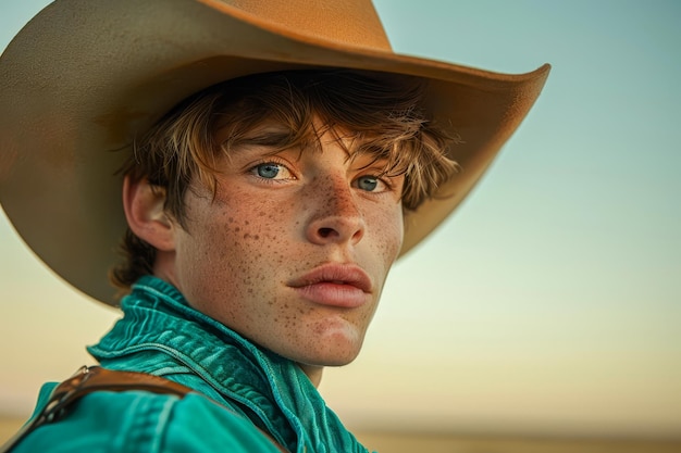 Photo young cowboy in golden hour light portrait of western lifestyle