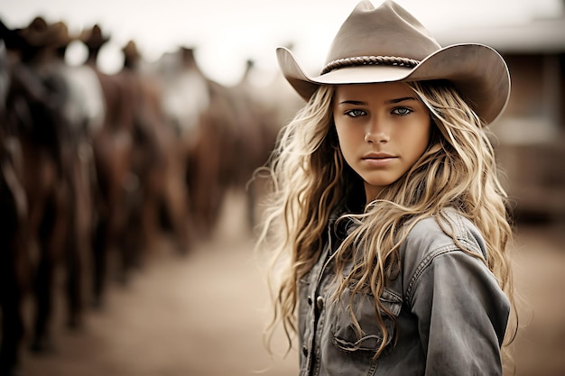 Молодая женщина-ковбойша в ковбойской шляпе уверенно смотрит в камеру Горизонтальное фото