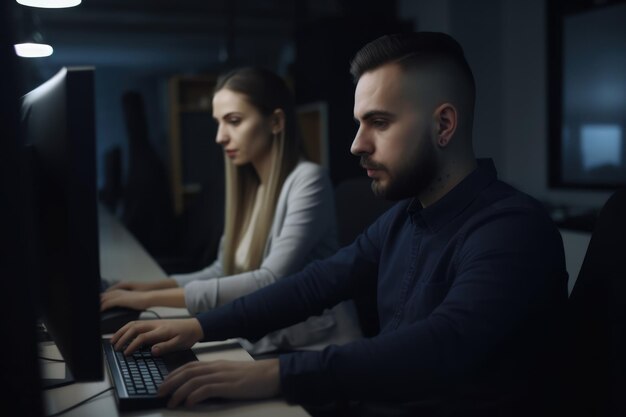 Young coworkers working on computer in the office generative ai