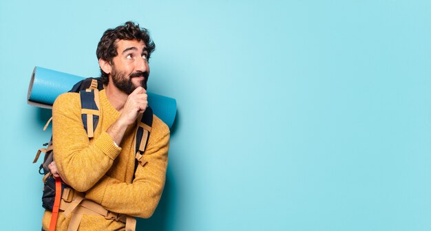 Young crazy bearded hiker man