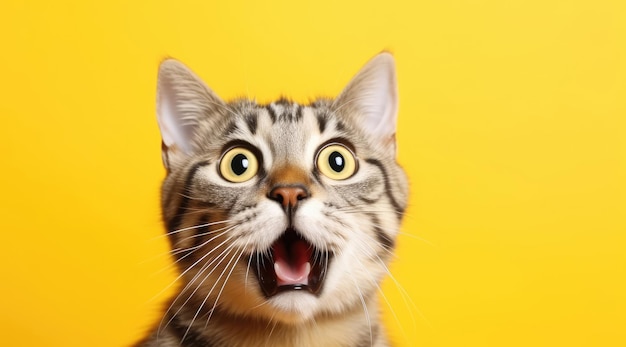 Young crazy surprised cat with big eyes on yellow background