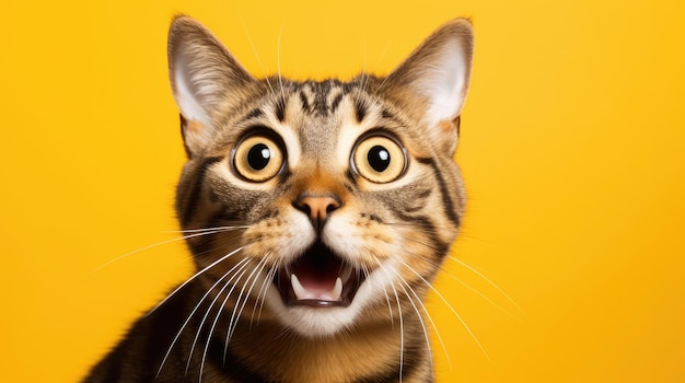 黄色い背景の大きな目を持つ若い狂った驚いた猫