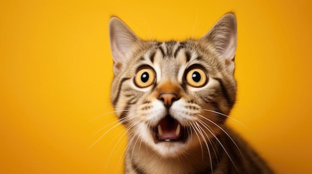 Young crazy surprised cat with big eyes on yellow background