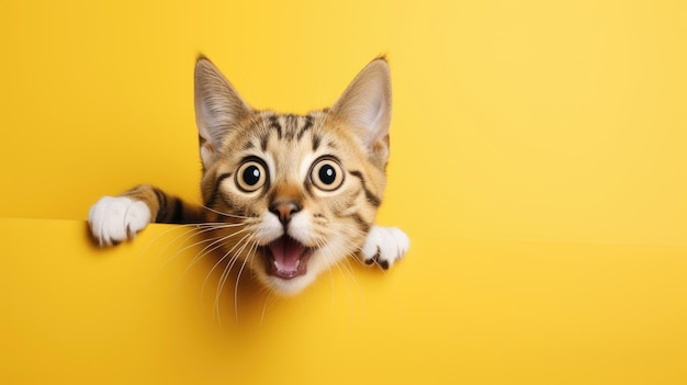 Young crazy surprised cat with big eyes on yellow background