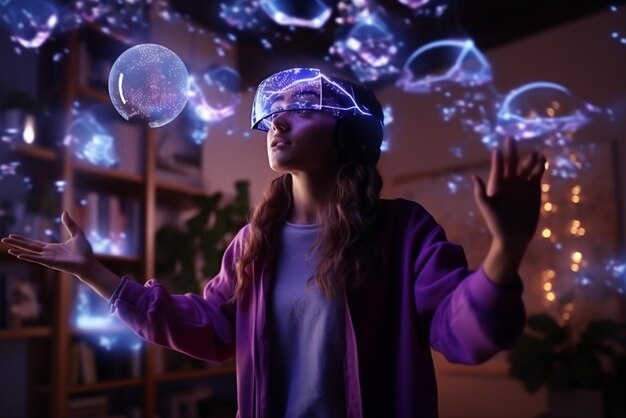 Photo young creative female wearing a virtual reality headset at home