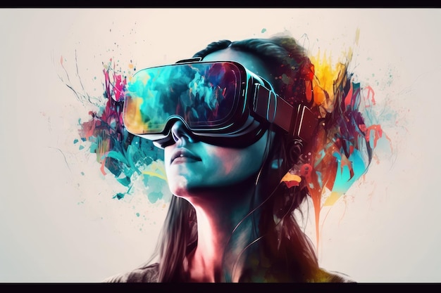 Young creative woman using innovative digital tech of virtual reality headset for fun