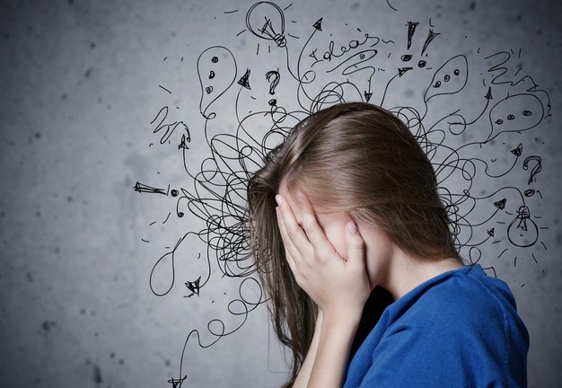 Young crying woman with worried stressed face expression with illustration