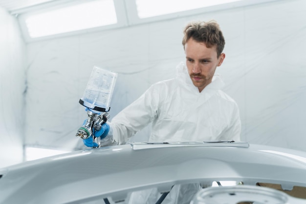 Young curly car painter varnishes a car bumper Man works in a spray booth