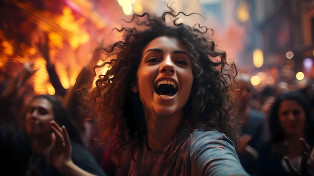 Young curly hair Girl partying with crowd