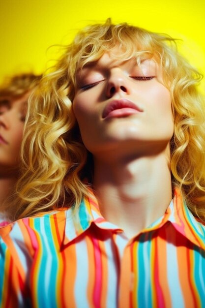 Young curly haired guy in shirt standing near dreamy girlfriend with eyes closed in striped blouse