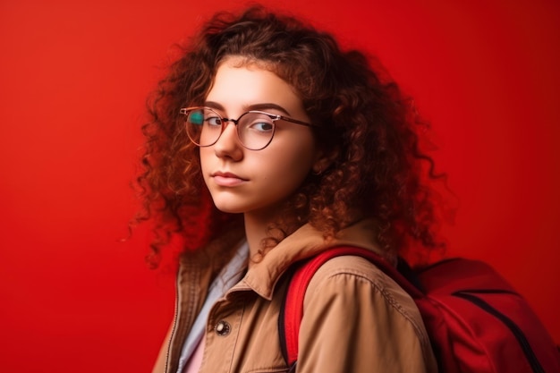 Photo young curly student woman wearing backpack glasses holding books and tablet over isolated red background