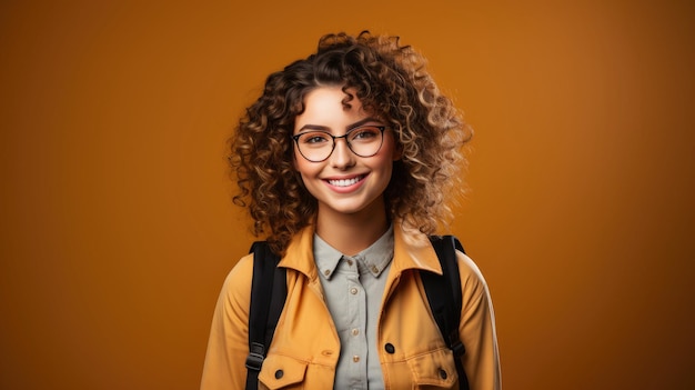 Young curly student woman wearing backpack glasses holding books and tablet