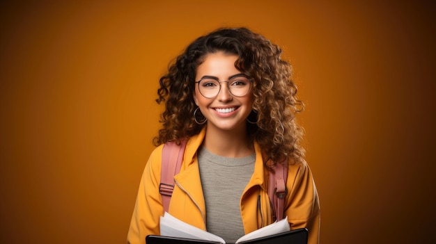 Young curly student woman wearing backpack glasses holding books and tablet