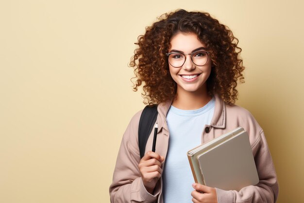 Young curly student woman wearing glasses and backpack