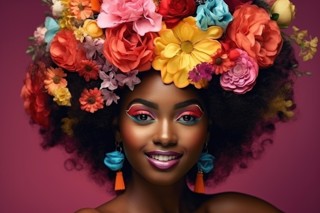 Young cute beatutiful woman with flower hair is making a playful face Surreal