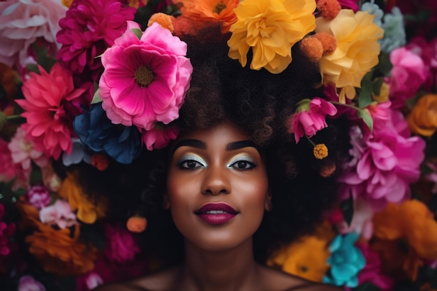 Young cute beatutiful woman with flower hair is making a playful face Surreal