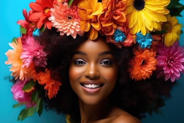 Young cute beatutiful woman with flower hair is making a playful face Surreal