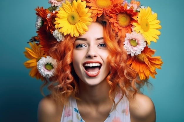 Young cute beatutiful woman with flower hair is making a playful face Surreal