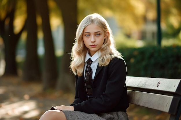 Young cute blond girl in school uniform and glasses posing near an old wooden desk i Generative AI