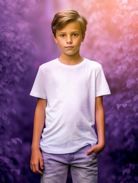 Foto giovane ragazzo biondo con i capelli biondi in camicia d'estate blu che posa nel parco con la lavanda co generative ai