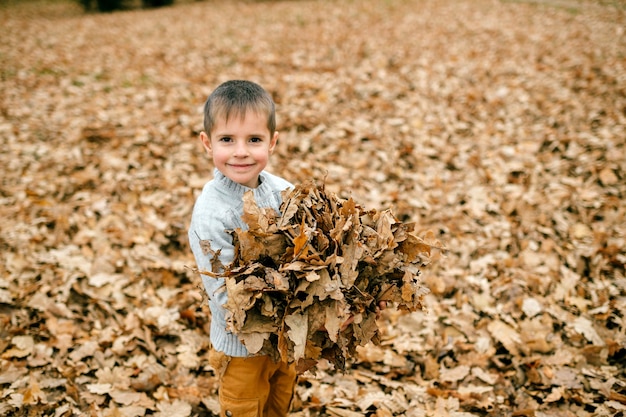 A young cute boy posing with leaves