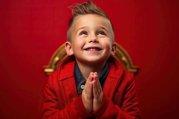 Young cute boy praying while on a red background