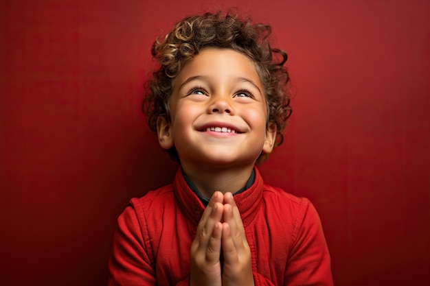 Young cute boy praying while on a red background